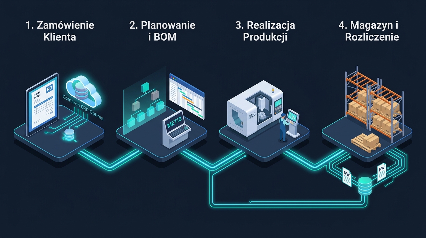 Przebieg procesu produkcji: Comarch ERP Optima i system METIS (od zamówienia RO do przyjęcia PW)